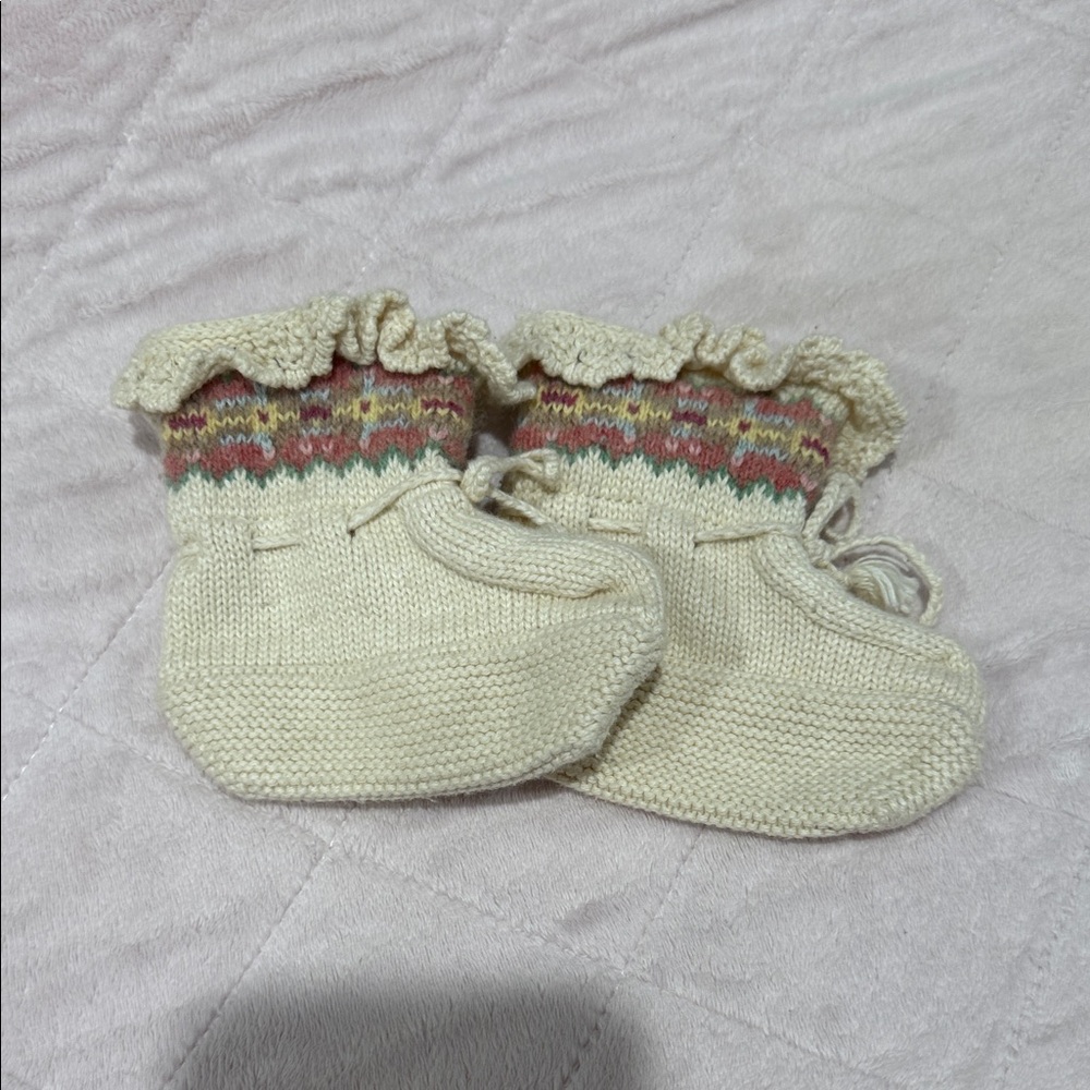 Ralph Lauren Cream Knit Baby Booties with Multicolor Trim